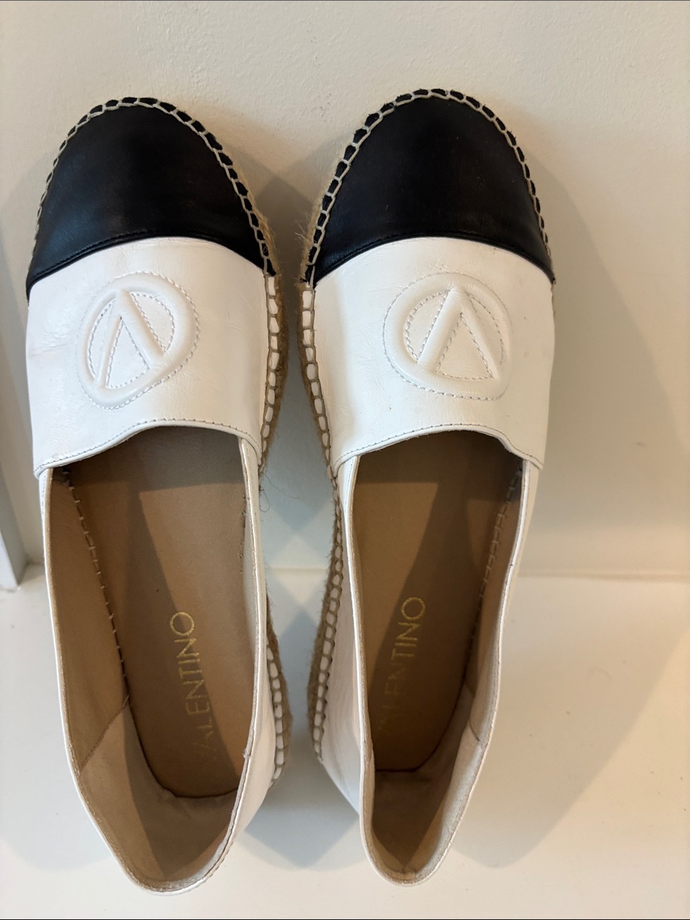 Valentino White Leather Espadrille Flats with Black Cap Toe